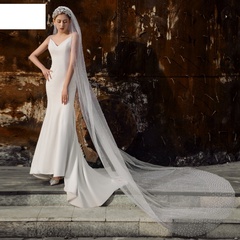 fashion pearl veil bride beaded wedding long tail veil