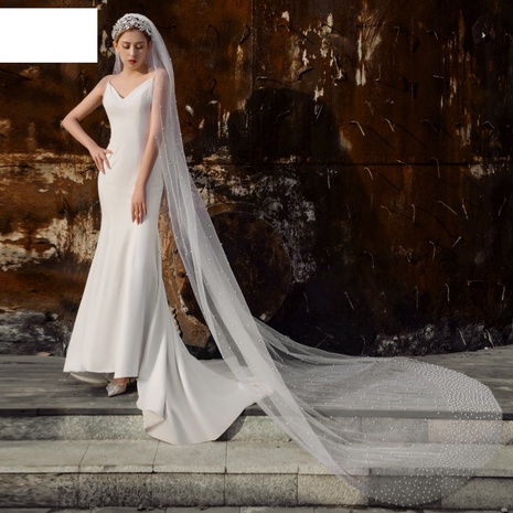 fashion pearl veil bride beaded wedding long tail veil's discount tags