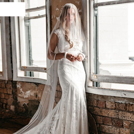 fashion bridal pearl veil double-layer bridal long tail veil's discount tags