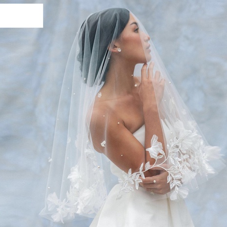 fashion bridal veil double layer three-dimensional flower pearl veil's discount tags