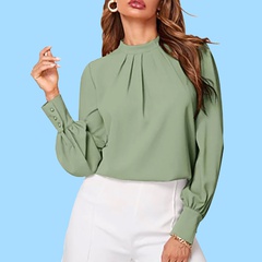 Chemise 2022 nouveau banlieusard couleur unie vert col montant conception chemise femmes à manches longues en mousseline de soie chemise doublure