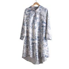 Customized blue cotton long-sleeved shirt skirt fashion temperament printing national style retro stand collar shirt