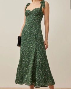 été nouveau rétro vert foncé petit floral taille mince longue robe à bretelles