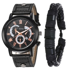 Roman Leather Belt Men's Watch Leather Cord Bracelet Set