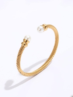 Mode Einfache Edelstahl Galvani 18K Gold Draht Gewebt Perle C-Formte Öffnen Armband