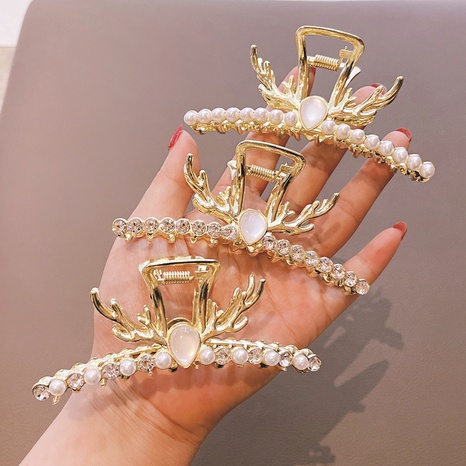 Fashion Antlers Shaped Metal Rhinestone Pearl Grip Hair Clip Headdress's discount tags