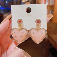 Pendientes con forma de corazón de cristal rosa de moda para mujer con incrustaciones de diamantes de imitación