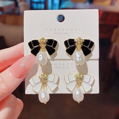 Fashion Dripping Oil Bow Flower Big Pearl Pendant Alloy Earrings Wholesale