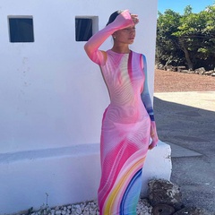 Multicolor Gedruckt Backless rundhals Langarm Kleid