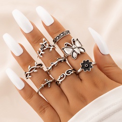 Vintage style Butterfly Leaves Glaze Flowers Airplane Ring Eight-Piece Set