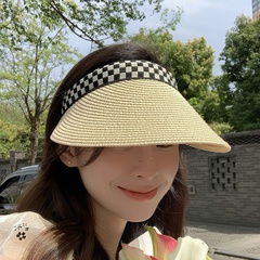 Summer Sun Protection Topless Chessboard Grid Big Brim Straw Hat Female
