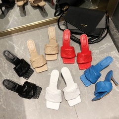 Fashion solid farbe hohe ferse Weiche Leder Öffnen Platz Kappe Hand-Woven Sandalen