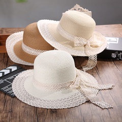 Elegant Women's Wide Lace Brim Bow Travel Sun-Proof Beach Straw Sun Hat