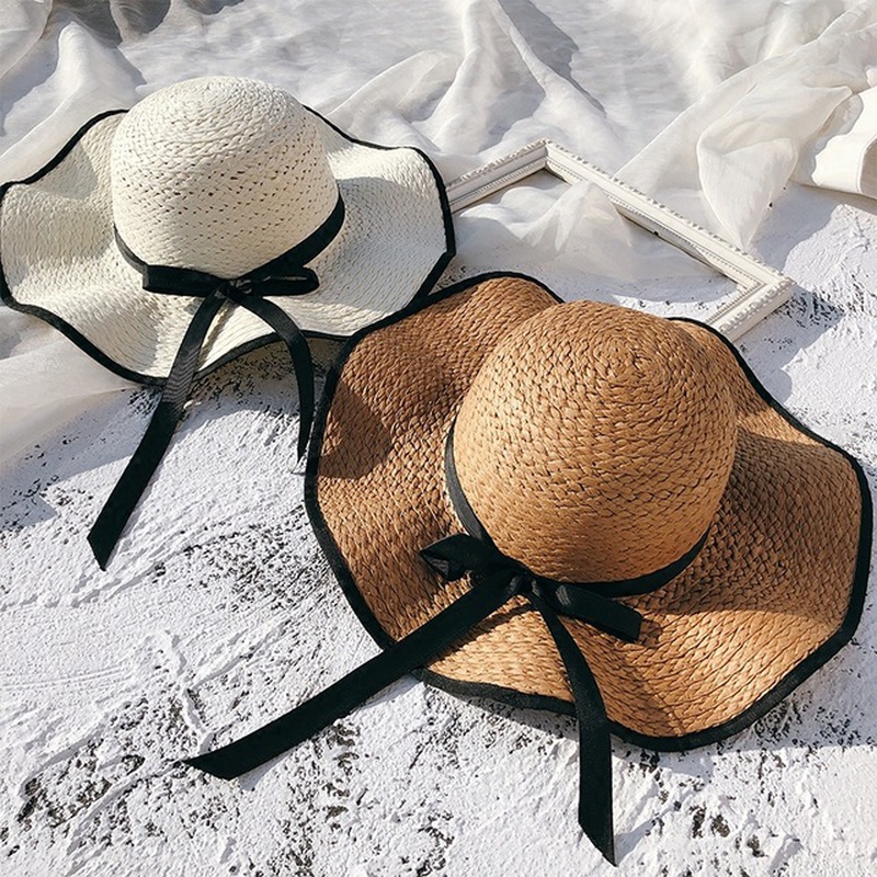 Female Summer SunProof Seaside Travel Big Brim Face Cover Straw Sun Hat