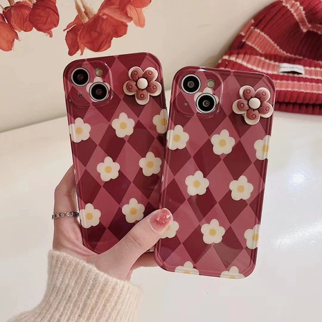 fashion Wine Red Three-Dimensional Little Flower rhombus Grid Iphone13 Phone Case's discount tags