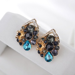 Fashion Elegant Black Blue Crystal Flowers Stud Earrings Ornament