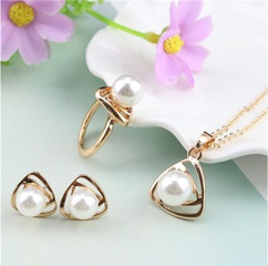 Fashion Hollow-out Triangle Pearl Alloy Ear Stud Necklace Ring Set