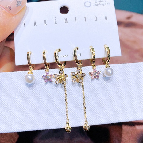 2022 nueva moda Zircon perla incrustaciones flor borla pendientes conjunto de 6 piezas's discount tags