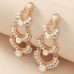 Fashion Bohemian Long Inlay Pearl Tassel Pearl Alloy Stud Earrings