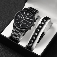 Men's Business Fashion Outdoor Three-Eye Watch Steel Belt Quartz Watch chain bracelet set