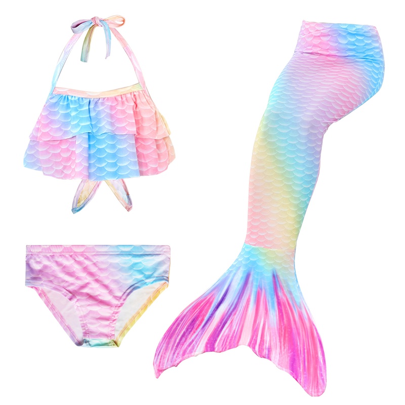 Childrens Mermaid Swimsuit Mermaid Tail Beach Vacation Swimwear Color Strap ThreePiece Set