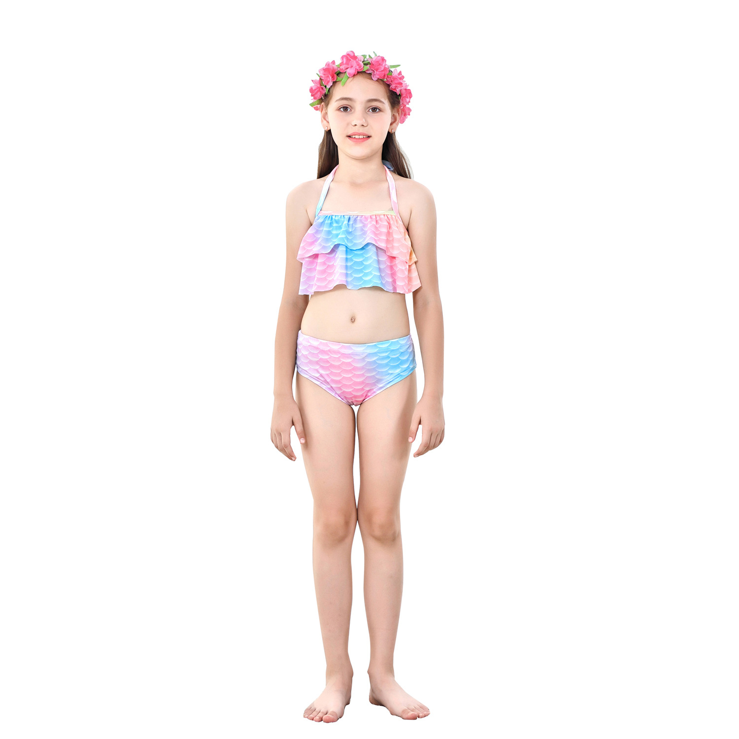 Childrens Mermaid Swimsuit Mermaid Tail Beach Vacation Swimwear Color Strap ThreePiece Setpicture2