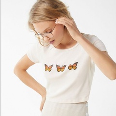 Women's Three Butterfly Print Short Bare Midriff Slim Fit round Neck Short Sleeve T-shirt Summer