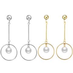 Simple style hollow circle Pearl Long pendant Titanium Steel earrings