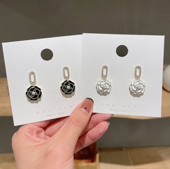 Fashion Retro White Black Camellia Micro-Inlaid Zircon Women's Earrings