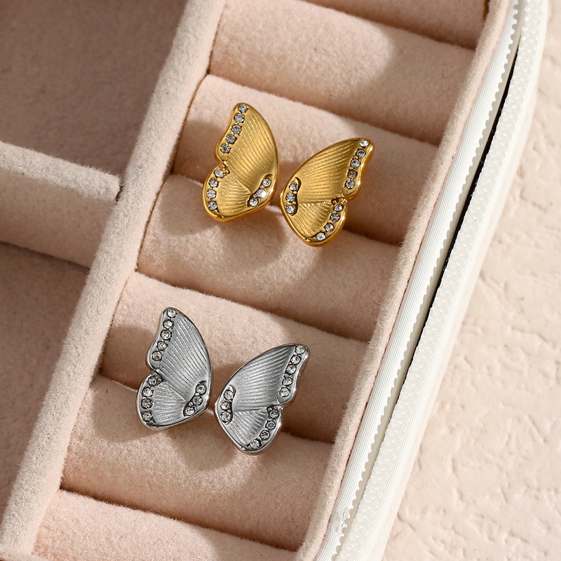 Fashion Animal Earrings Jewelry Stainless Steel Plated 18K Gold Butterfly Zircon Stud Earrings