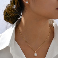 New Fashion Small Simple Copper Inlaid Zircon round Ear Studs Square Necklace Set