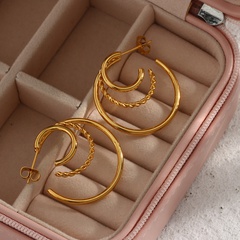 Fashion Stainless Steel 18K Gold Plating Multi-Layer Hollow Twist C Type Earrings