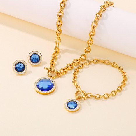 Fashion Inlay Rhinestone Glass Stone Stainless Steel Necklace Bracelet Ear Studs Three-Piece Set's discount tags