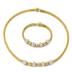 Fashion Inlay Strass Perlen Kontrast Farbe Edelstahl Halskette Armband Schmuck-Set