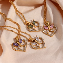 Fashion Hollow Shiny Heart-Shaped Zircon Butterfly Pendant Ocean Heart Zircon Necklace