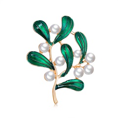 Broche de esmalte de goteo de aceite de hojas verdes de perlas de ramillete de moda