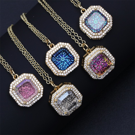 fashion blue pink white Octagonal Pendant inlaid zircon copper necklace's discount tags