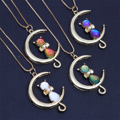 cute creative Moon Cat shape  Pendant inlaid zircon copper necklace's discount tags