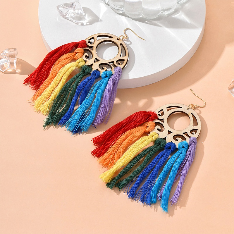 New Ethnic Style Handmade Colorful Fabric Tassel Geometric Earrings