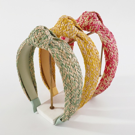 Fashion Simple Knot Raffia Woven Female Contrast Color Wide-Brimmed Geometric Headband's discount tags