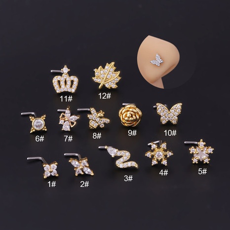 Titanium Steel Screw Rod Nose Stud Micro Inlaid Zircon Butterfly Crown Fashion Nose Studs's discount tags