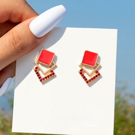 New style Multi-Layer red Square inlaid Diamond dripping oil Stud Earrings's discount tags