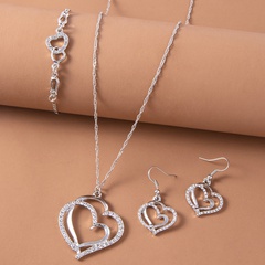 Fashion Double Heart-shaped Earrings Necklace Bracelet Set Diamond Wedding Accessories