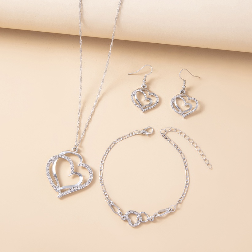 Bijoux Fantaisie Parures Bijoux | Mode Double Coeur En Forme De Boucles Doreilles Collier Bracelet Set Accessoires De Mariage De Diamant - PA81698