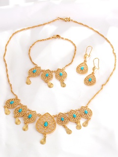 Fashion Bohemian Creative Inlaid Turquoise Hollow Water Drops Copper Necklace Earrings Bracelet Set