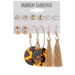 Fashion Pearl Star Leopard Print Plate Tassel Alloy Earings Set