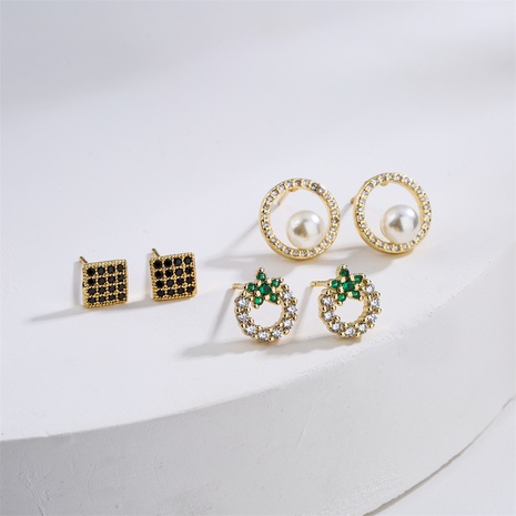 Fashion Simple Copper Plated Real Gold Micro Inlaid Zircon Pearl Geometric Ear Studs's discount tags
