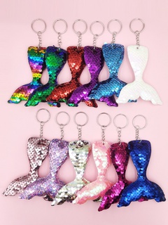 Conjunto de 12 piezas de llavero de cola de sirena con lentejuelas de doble cara reflectante de moda