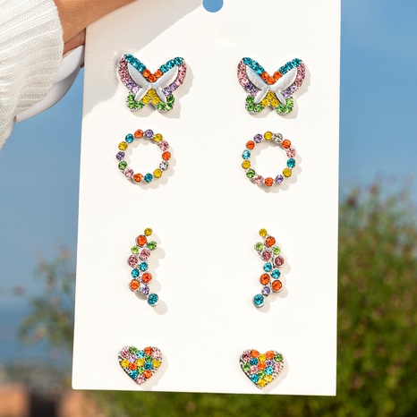 Einfache Unregelmäßige Farbe Diamant Schmetterling Herz Stud Ohrringe Vier-Teiliges Set's discount tags