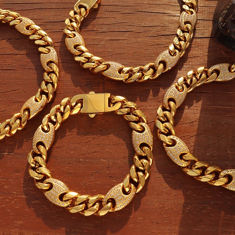 Fashion inlaid Diamond Cuban Chain Titanium Steel Gold-Plated Bracelet's discount tags
